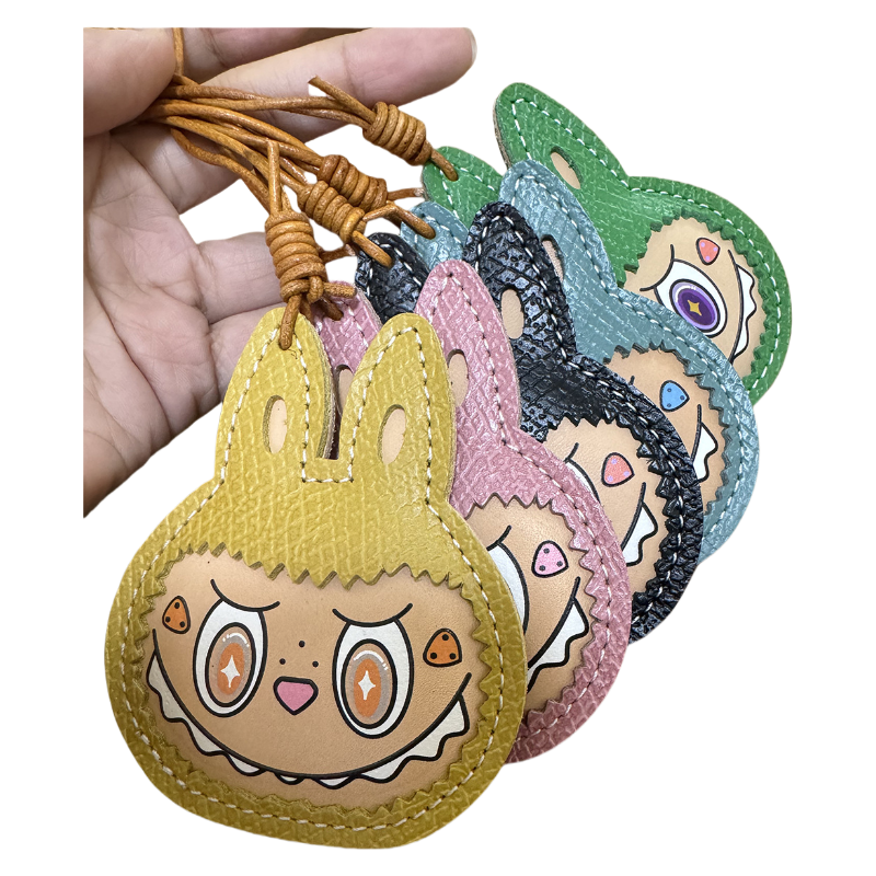 Handmade Leather Cartoon Bag Charm Cute Labubu Keychain Pendant