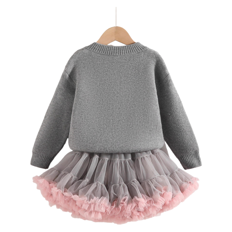 Girls Fall Winter Outfit Grey Knit Cardigan with Pink Heart-shape & Buttons Tutu Skirt Set