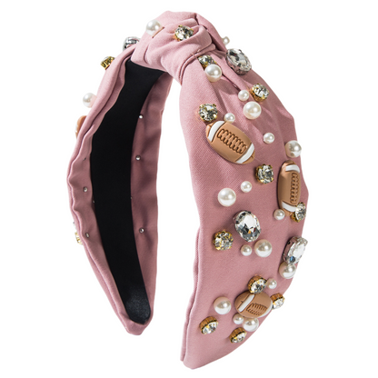 Thanksgiving Fall Autumn American Football Headband Seed Beads Rhinestones Pearl Knot