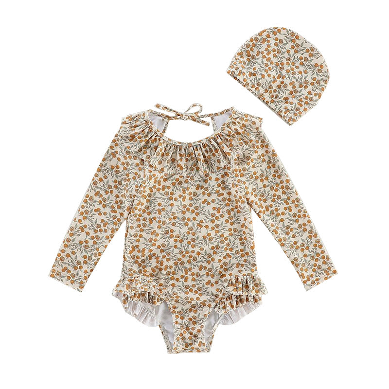 Girls' One-Piece Long Sleeve Swimsuit with Ruffled Hem