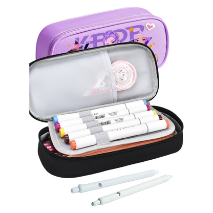 K-Pop Demon Hunters Pencil Case Large Capacity 3-compartment Pen Bag Trendy Stationery Organizer Office Supplies