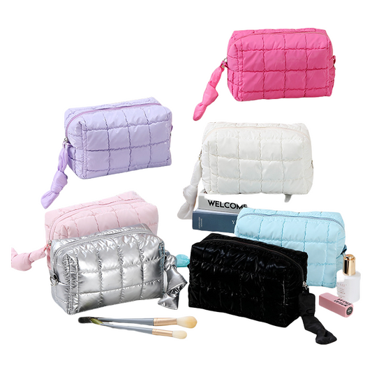 Octagon Makeup Bag Puffed Travel Cosmetic Case with Zipper Elegant Solid Color