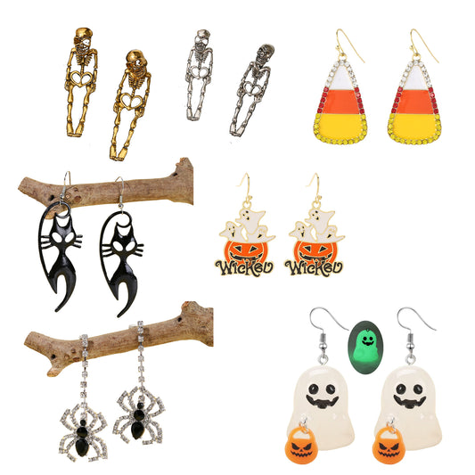 Spooky Halloween Creepy Skull Spider Pumpkin Ghost Cat Dangle Earrings