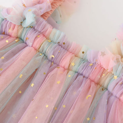Girls Rainbow Tulle Dress Gold Stars Sparkly Fairy Style