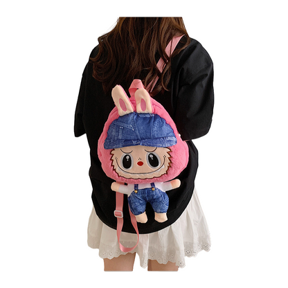 Kids Girls Labubu Hat Overall Soft Plush Backpack Character Doll School Bag