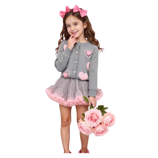 Girls Fall Winter Outfit Grey Knit Cardigan with Pink Heart-shape & Buttons Tutu Skirt Set
