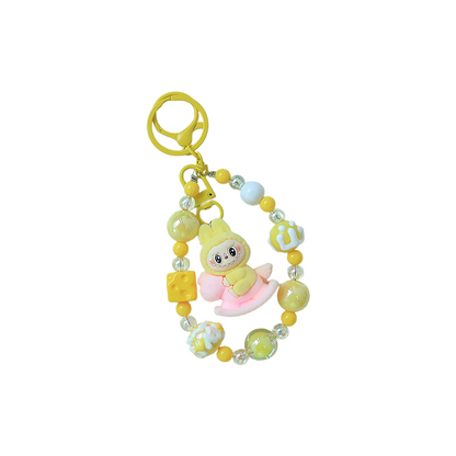 Flocked Labubu Keychain Rocking Horse Character Bag Charm Pendant with Chain