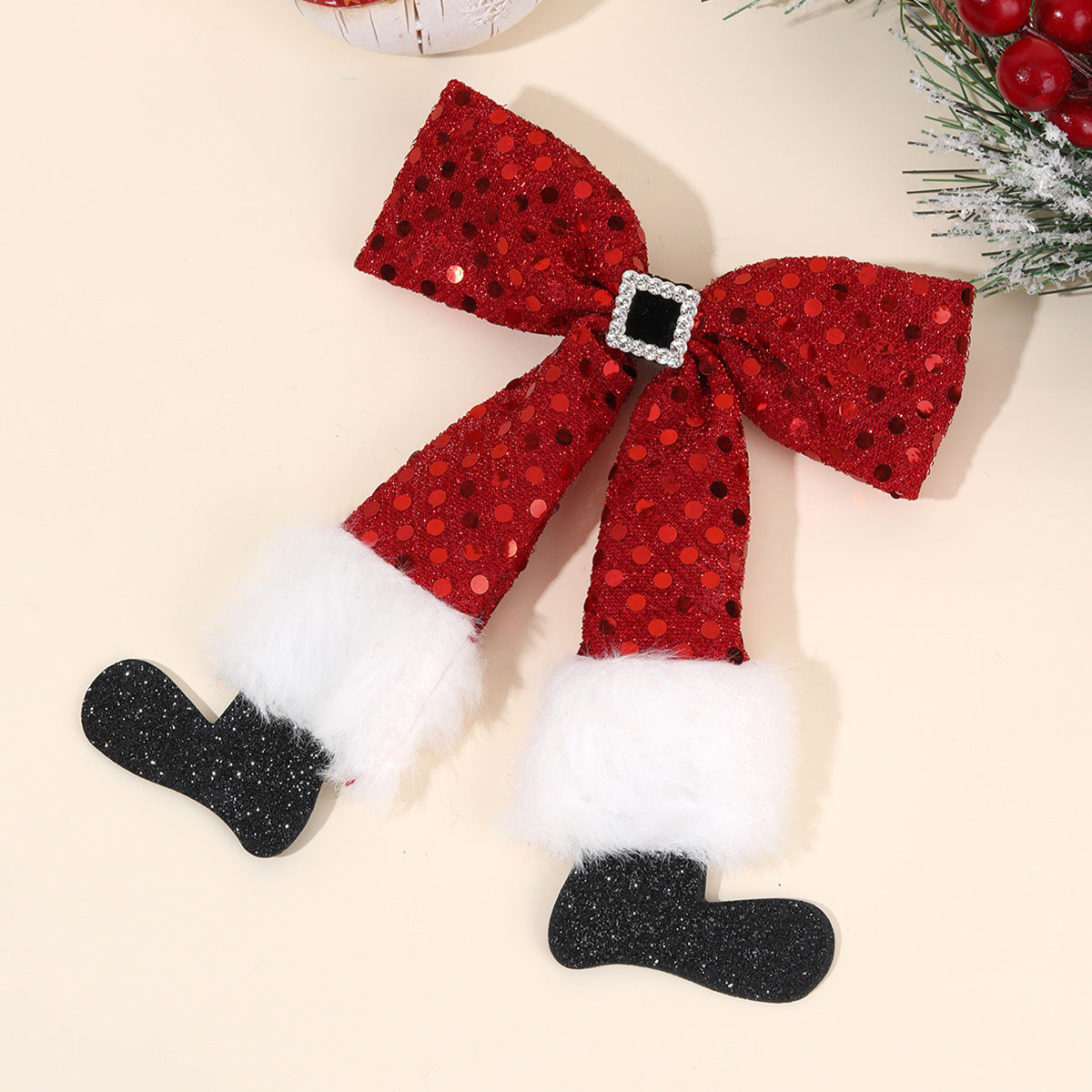 Girls Christmas 2025 Hair Clips – Red Sequin Bow & Pom-Pom with Santa Boot Design