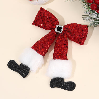 Girls Christmas 2025 Hair Clips – Red Sequin Bow & Pom-Pom with Santa Boot Design