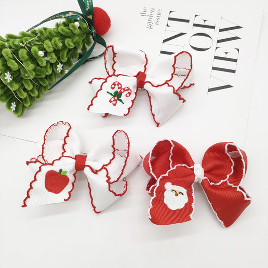 Christmas Santa Claus Candy Cane Embroidery Hair Clips Bow Hairpins Girls