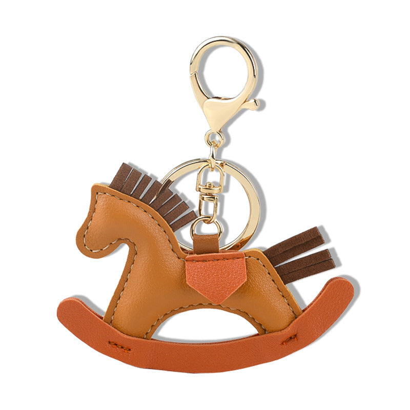 Leather Rocking Horse Wrist Strap Keychain Animal Shaped Bag Charm Car Key Pendant