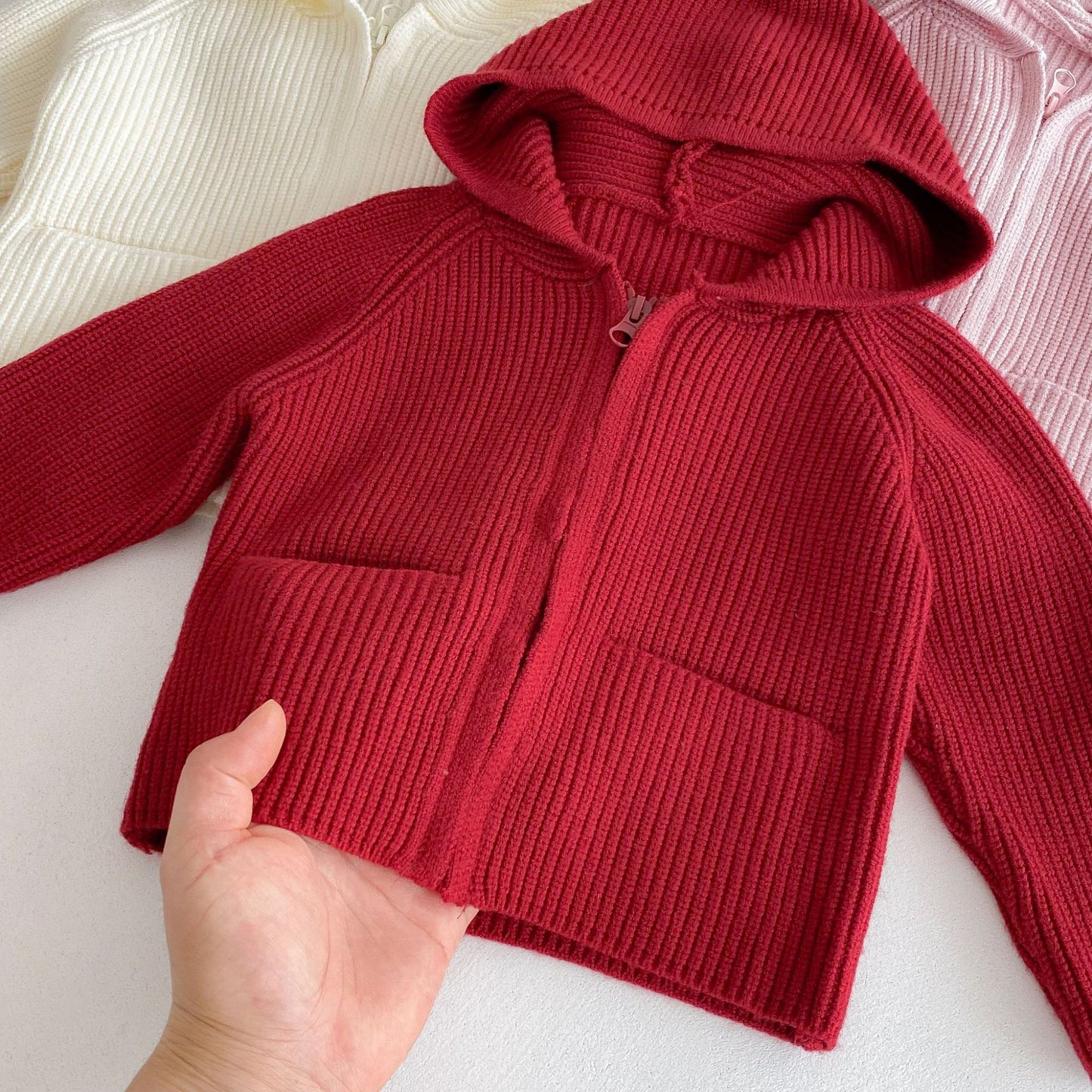 Girls’ Solid Color Hooded Knit Zip-Up Cardigan Fall Winter Warm Raglan Sweater Toddlers & Kids