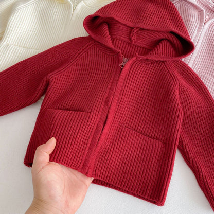 Girls’ Solid Color Hooded Knit Zip-Up Cardigan Fall Winter Warm Raglan Sweater Toddlers & Kids
