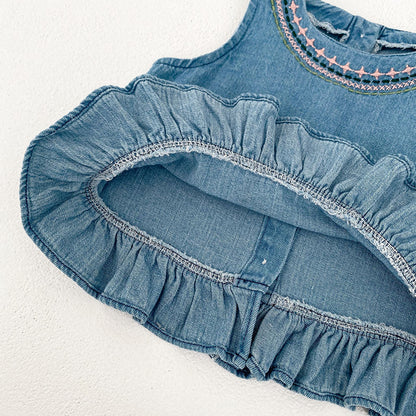 Baby Girls Embroidered Soft Denim Cotton Sleeveless Outfit Set