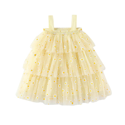 Girls Strapless Floral Daisy Print Mesh Layered Cake Dress