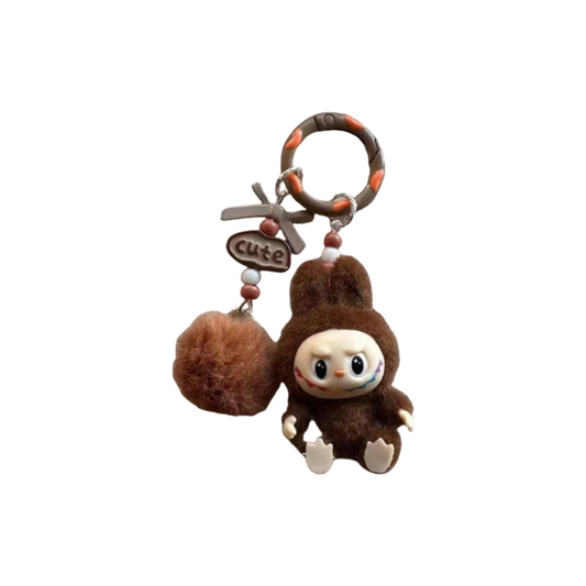 Labubu Sitting Pose Flocked Keychain Plush Bag & Car Keyring Decor Silicone Gift