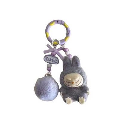 Labubu Sitting Pose Flocked Keychain Plush Bag & Car Keyring Decor Silicone Gift