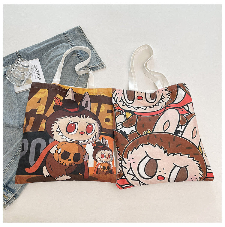 Labubu Large Canvas Tote Bag Halloween Pumpkin Print & Fall/Winter Cartoon Print Spacious Shoulder Handbag