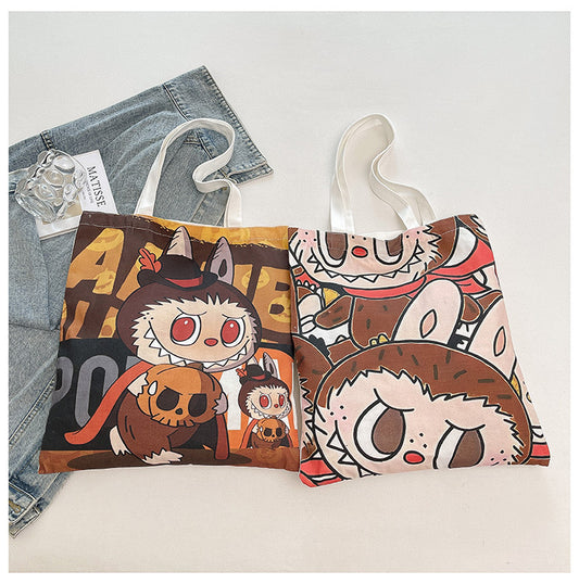 Labubu Large Canvas Tote Bag Halloween Pumpkin Print & Fall/Winter Cartoon Print Spacious Shoulder Handbag