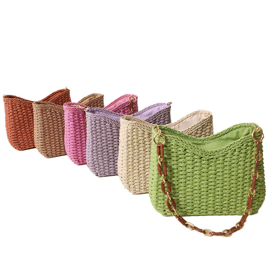 Boho Woven Shoulder Bag New Solid Color Straw Girls Women
