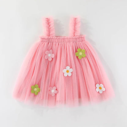Girls Tulle Dress with 3D Flowers Layered Simple 3 Colors