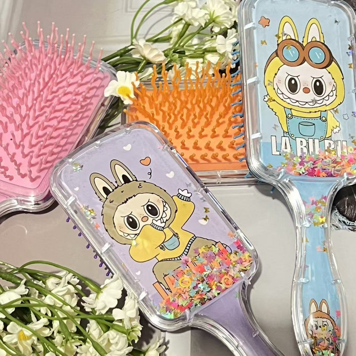 Labubu Cushion Hair Brush with Cartoon Print Glitter Liquid Sequins, Massage Airbag Comb