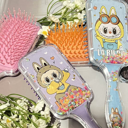Labubu Cushion Hair Brush with Cartoon Print Glitter Liquid Sequins, Massage Airbag Comb