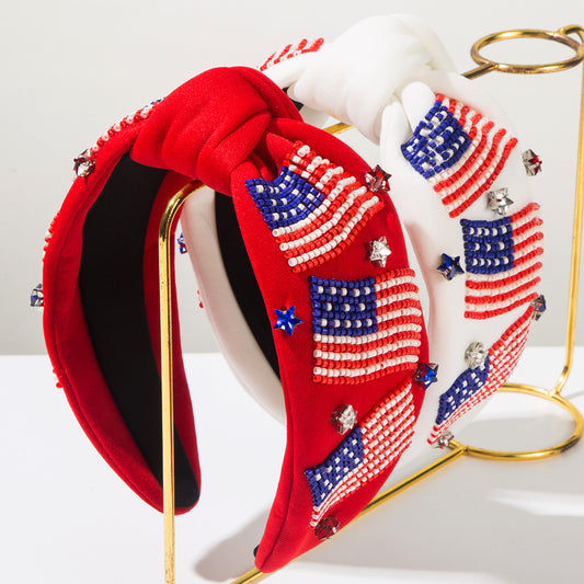 USA Flag Headband Seed Beads Rhinestones Pearl Patriotic Day
