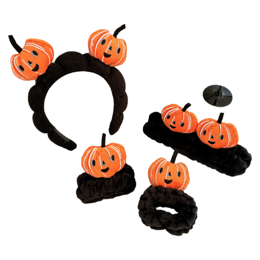 Halloween Pumpkin Plush Headband & Wristband Set – Funny Spa Hair Band with Cloud Cuffs