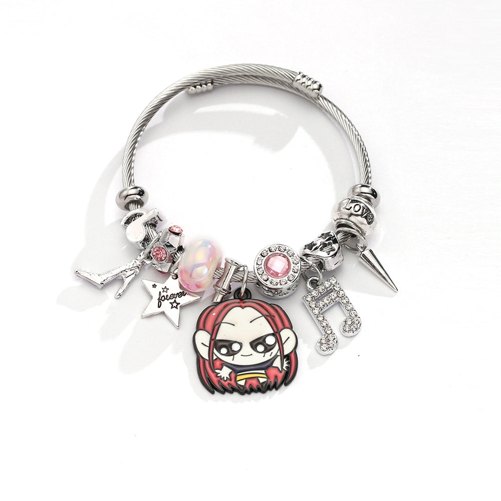 K-POP Demon Hunters Bracelet Cartoon Charm Bangle with Rhinestone Pendant Adjustable Zinc Alloy Plated Cuff
