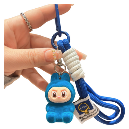 Flocked Labubu Resin Keychain with Cute Strap Plush Bag Charm Accessory