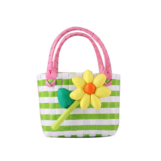 Kids' Woven Summer Colorful Checkered Flower Basket Bag