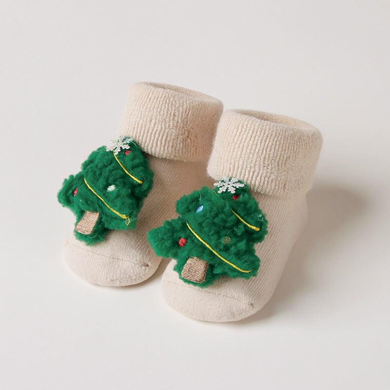 Newborn Baby Christmas Socks Red Combed Cotton Thick Fleece-Lined Non-Slip Floor Socks for Winter