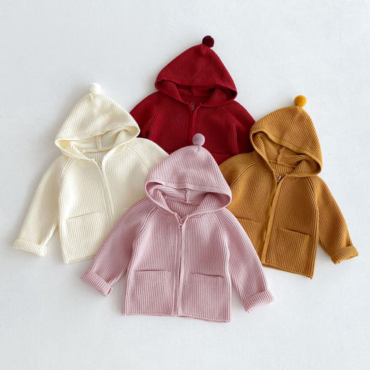 Girls’ Solid Color Hooded Knit Zip-Up Cardigan Fall Winter Warm Raglan Sweater Toddlers & Kids