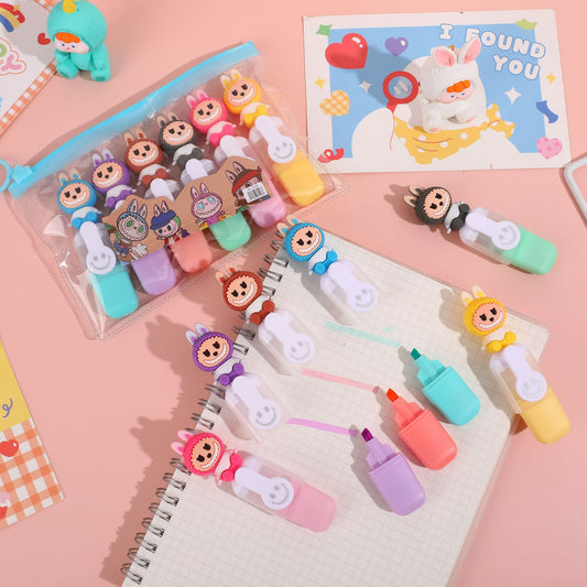 Labubu 6-Pack Cartoon Smiley Mini Highlighters Student Drawing & Highlight Marker Set