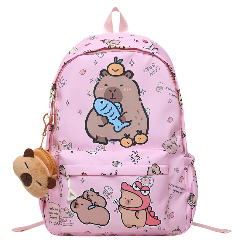 Capybara Print Trendy Print Large Backpack Back To School Bag With Plush Keychain