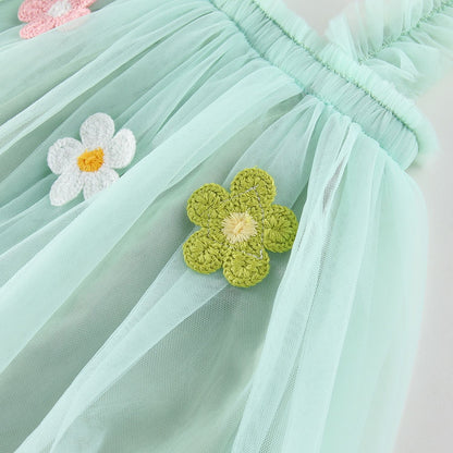Girls Tulle Dress with 3D Flowers Layered Simple 3 Colors
