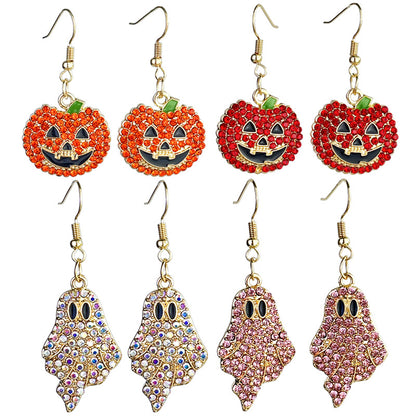 Halloween Pumpkin Ghost Rhinestone Drop Earrings – Sparkling Multicolor Crystal Metal Dangles