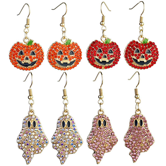 Halloween Pumpkin Ghost Rhinestone Drop Earrings – Sparkling Multicolor Crystal Metal Dangles