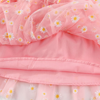 Girls Strapless Floral Daisy Print Mesh Layered Cake Dress