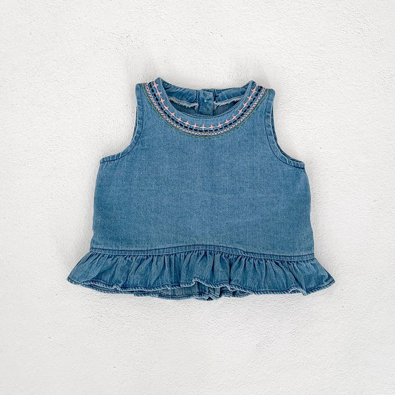 Baby Girls Embroidered Soft Denim Cotton Sleeveless Outfit Set