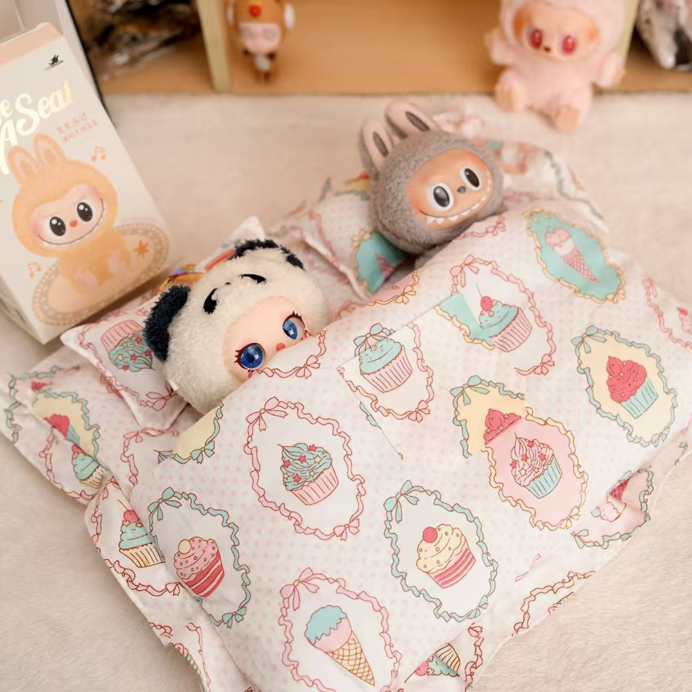 17cm Labubu Doll Double Sleeping Bag Set Mini Quilt & Pillow