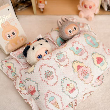 17cm Labubu Doll Double Sleeping Bag Set Mini Quilt & Pillow