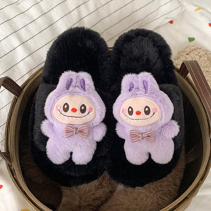 Kids Plush Slippers Fall/Winter New Labubu Stuffed Doll Tie-Dyed Unisex Cozy Non-Slip Slide Slippers