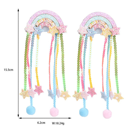 Girls Rainbow Pom Pom Hair Clips Glitter Stars and Tassel Ribbons Sweet Hair Accessories
