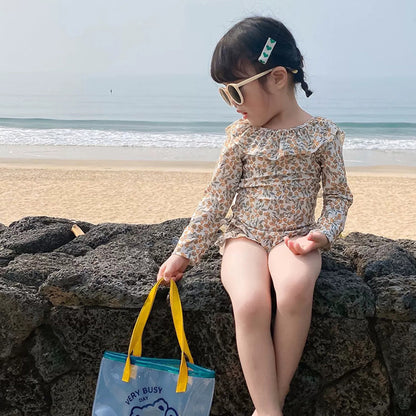 Girls' One-Piece Long Sleeve Swimsuit with Ruffled Hem