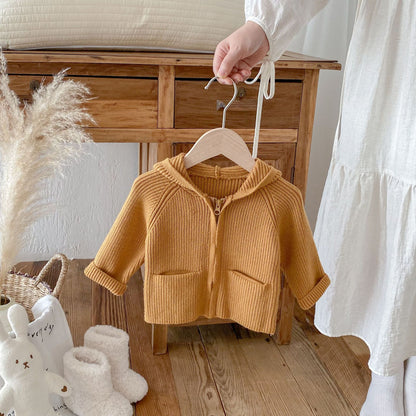 Girls’ Solid Color Hooded Knit Zip-Up Cardigan Fall Winter Warm Raglan Sweater Toddlers & Kids