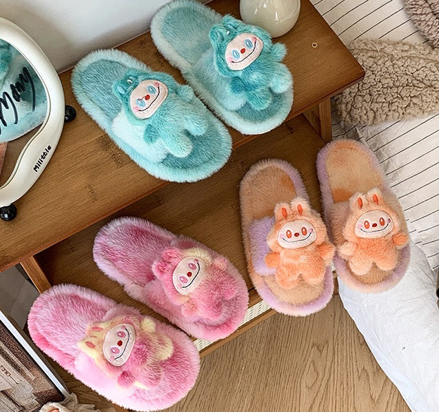 Kids Plush Slippers Fall/Winter New Labubu Stuffed Doll Tie-Dyed Unisex Cozy Non-Slip Slide Slippers