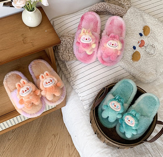 Kids Plush Slippers Fall/Winter New Labubu Stuffed Doll Tie-Dyed Unisex Cozy Non-Slip Slide Slippers