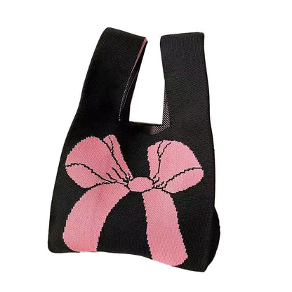 Ladies Girls Knit Bucket Bag Panda Bow Print Designs
